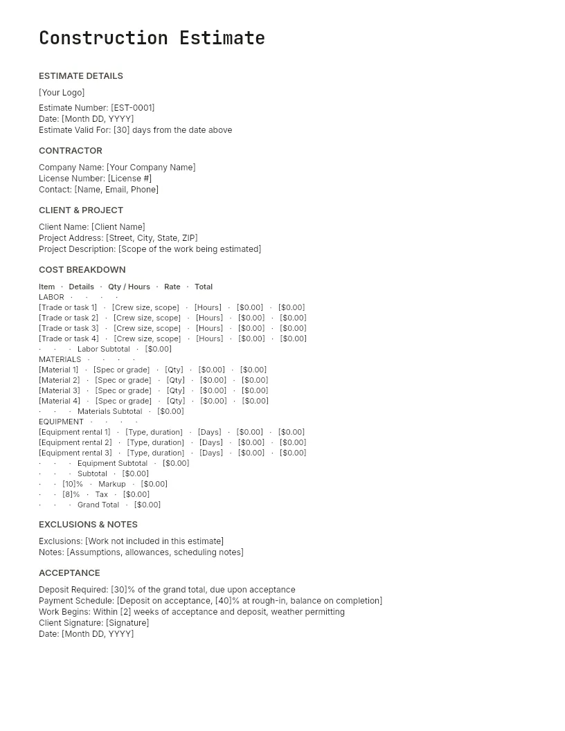 Construction Estimate Template
