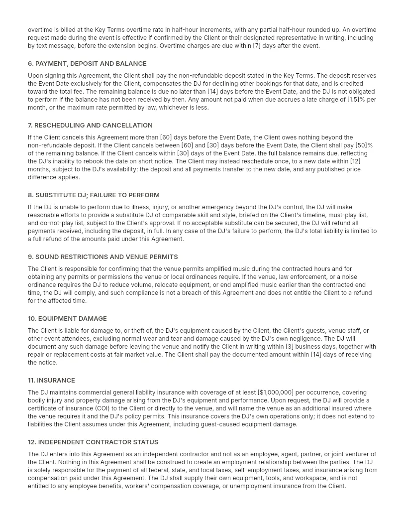 DJ Contract Template preview, page 2 of 3