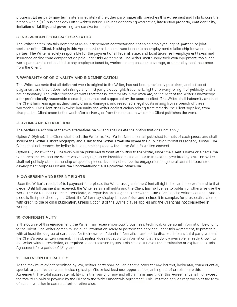 Freelance Writing Contract Template preview, page 2 of 3