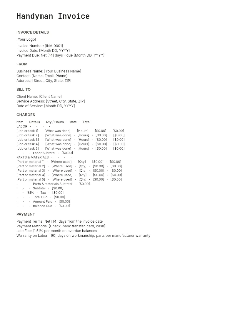 Handyman Invoice Template