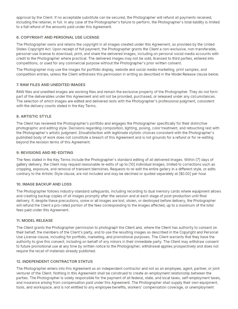 Photography Contract Template preview, page 2 of 3