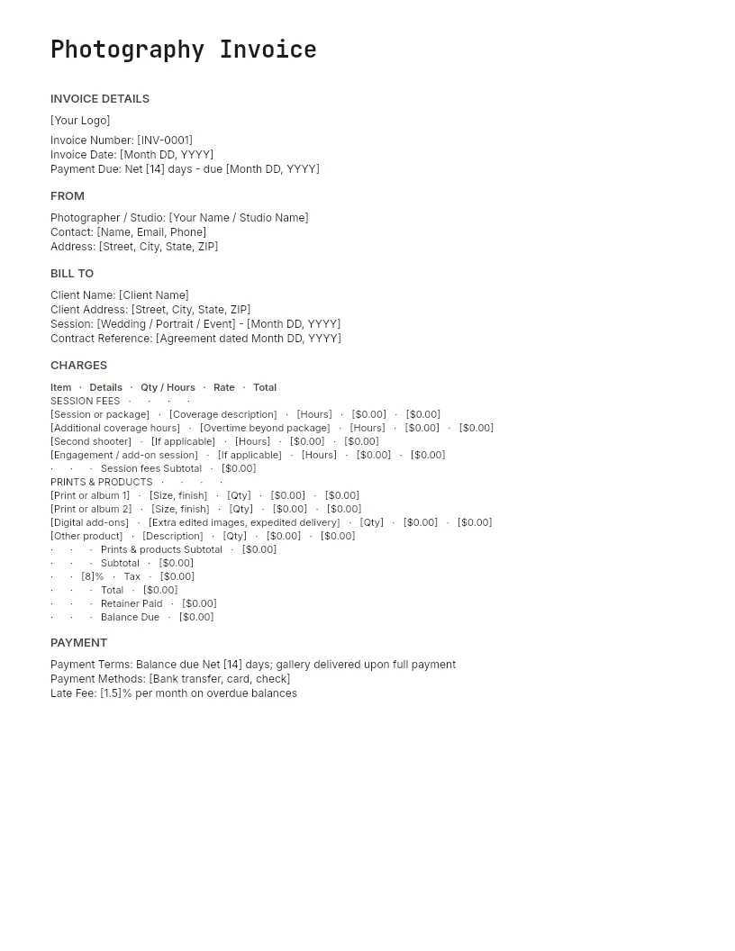 Photography Invoice Template