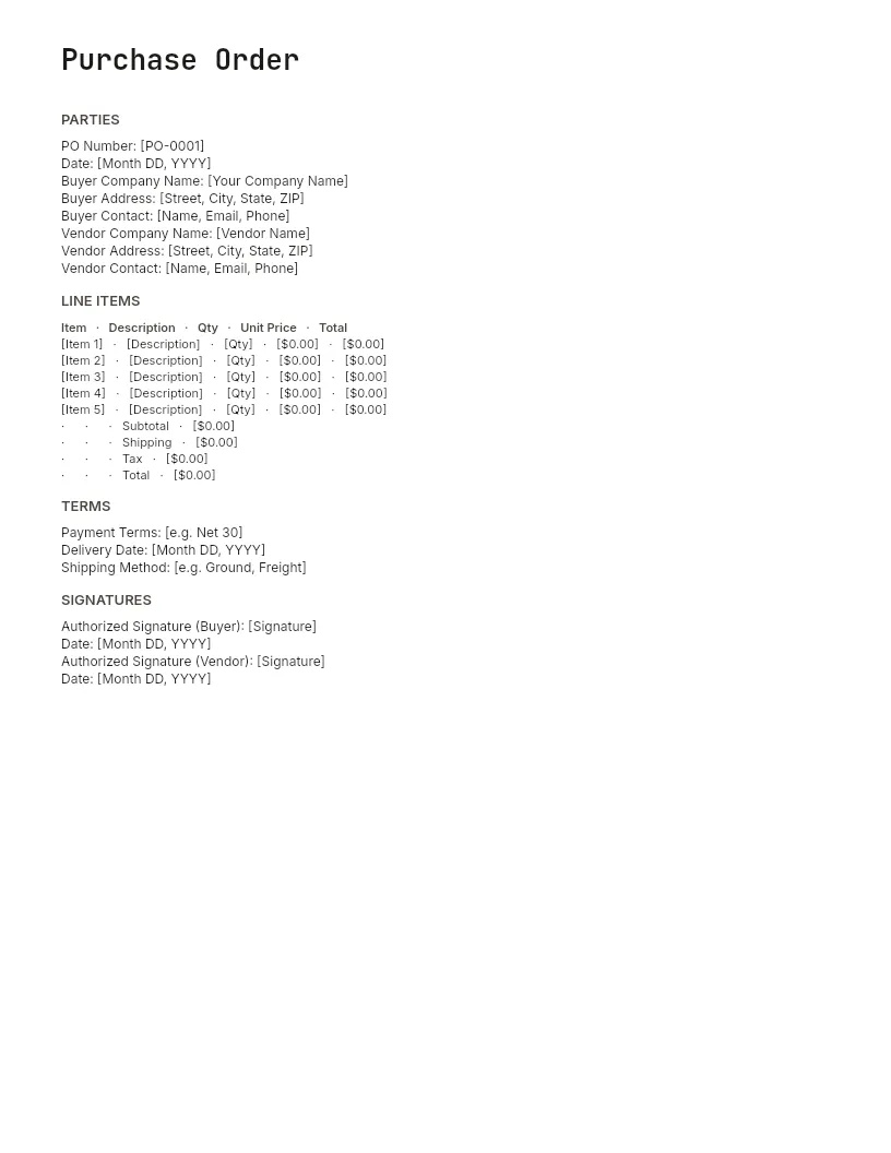 Purchase Order Template for Excel