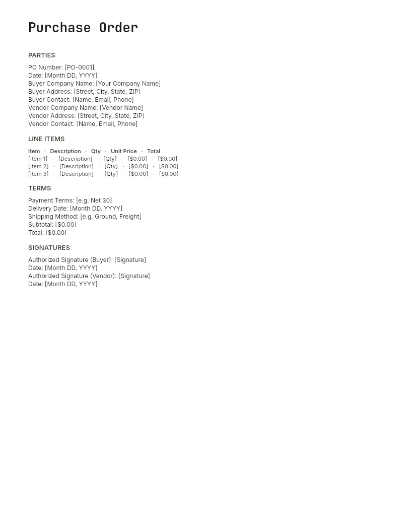 Purchase Order Template for Word