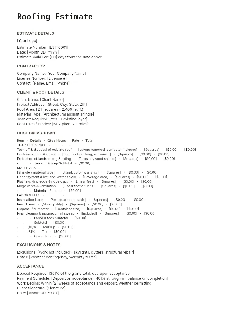 Roofing Estimate Template