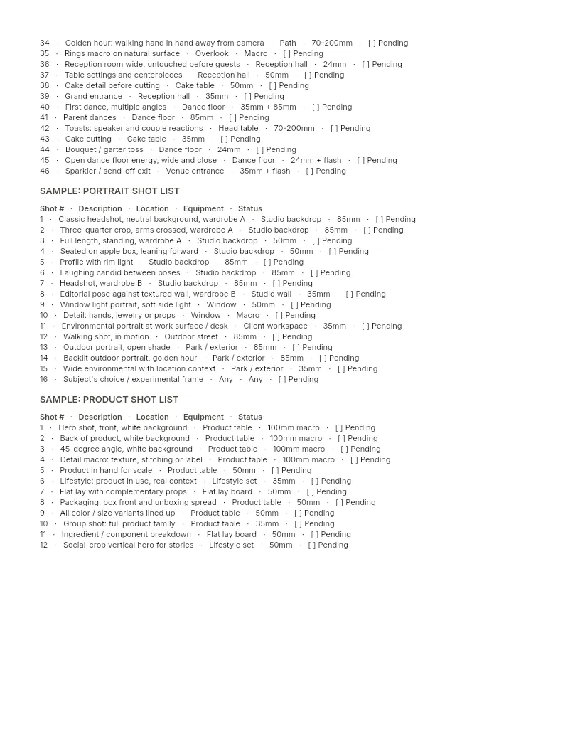 Shot List Template preview, page 2 of 2