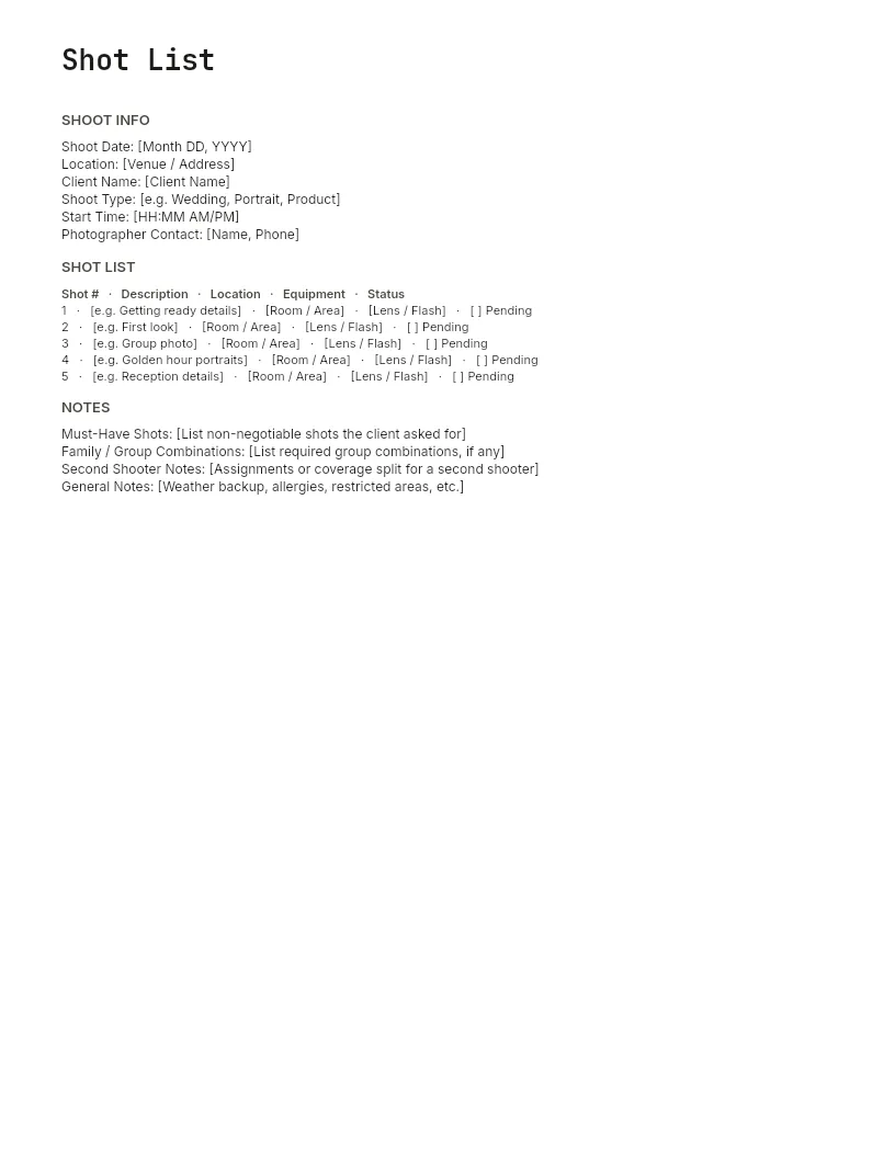 Shot List Template