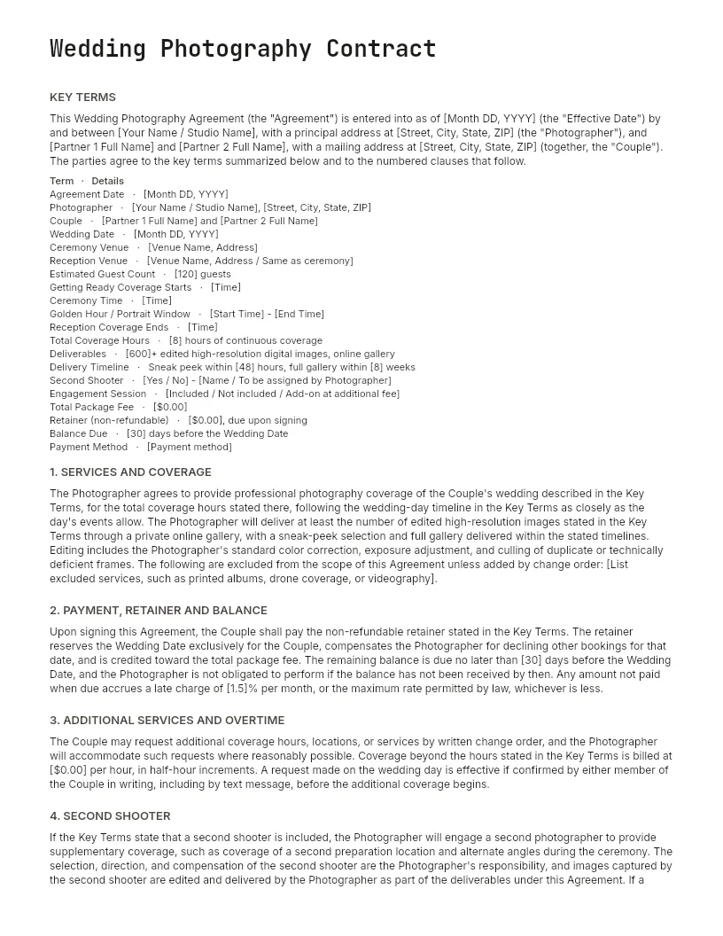 Wedding Photography Contract Template